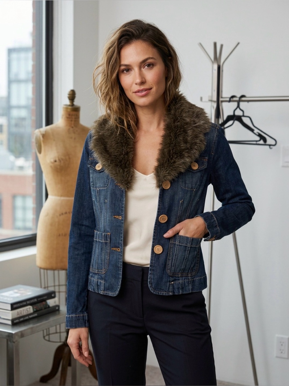 114. Y2k jacob connexion Denim Jacket with Faux Fur Collar - Dark Blue